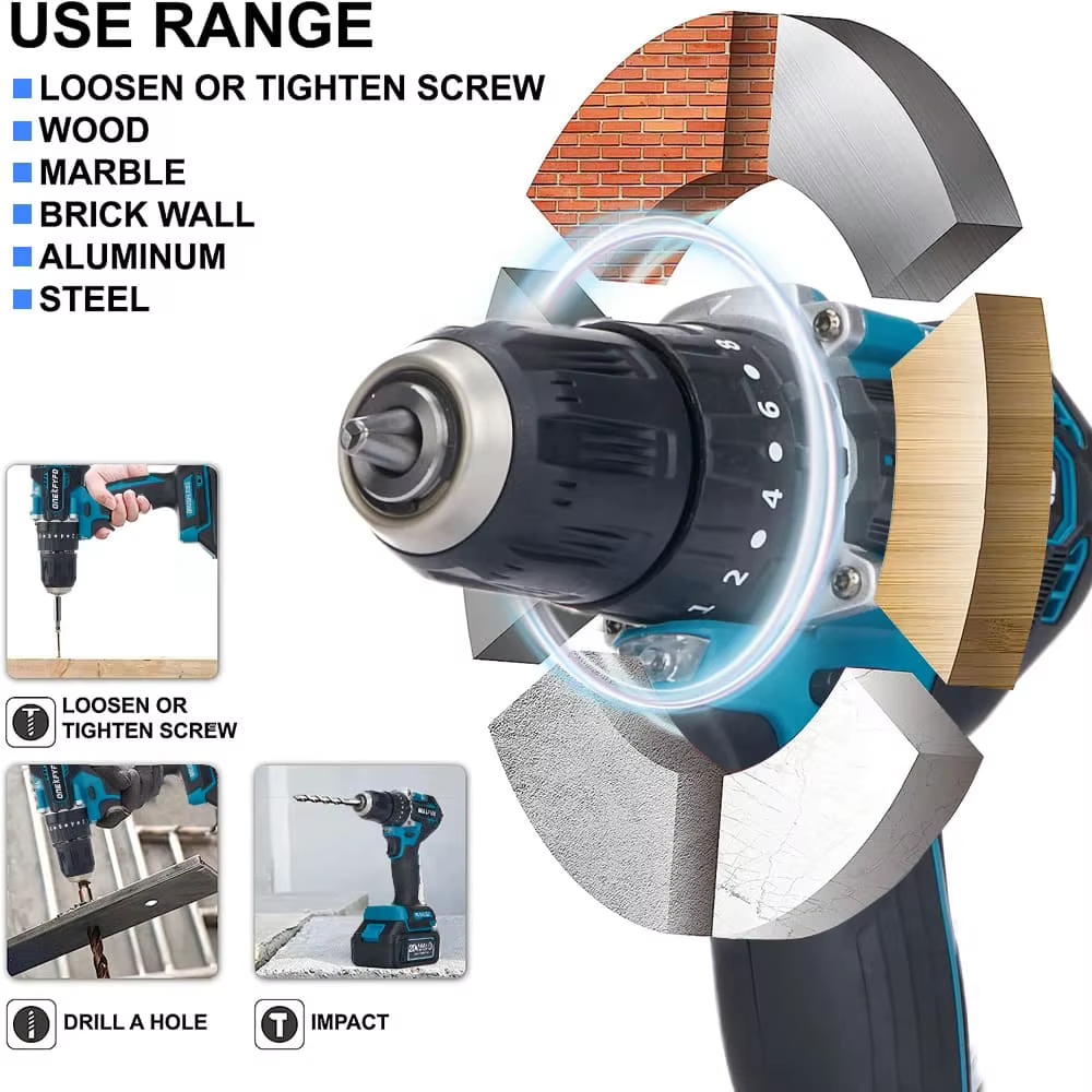 Perceuse sans fil compacte HAOLTON 3/8 pouce 1700 tr/min, perceuse à percussion, moteur sans balais, alimentation électrique au lithium, compatible avec batterie Makita 18V.