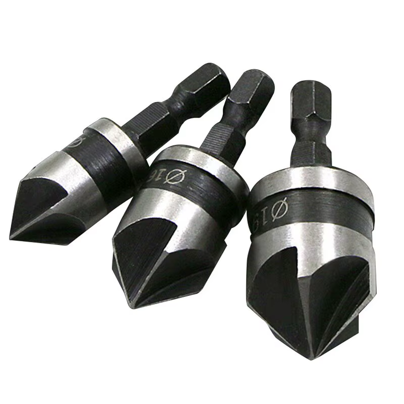 3PC Hexagonale Tige 90 Degrés Noir Cinq Lame Chanféreur 12/16/19mm Fraise Forage Bois Trou Ouvre Outil Ensemble