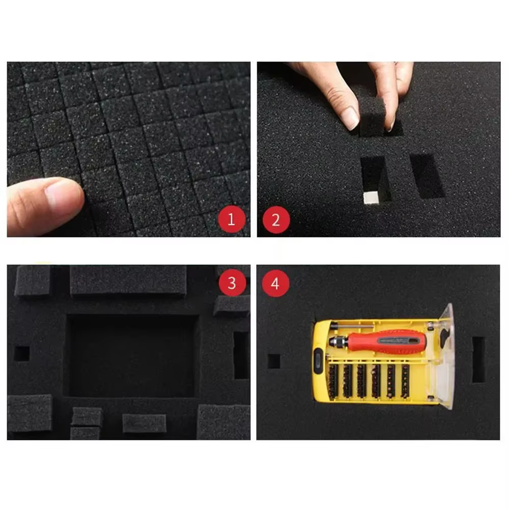 Boîte à outils feuilles de mousse noires intégrées, Inserts prédécoupés, livraison express des appareils, emballage Anti-chute, mousse prédécoupée pour mallette à outils