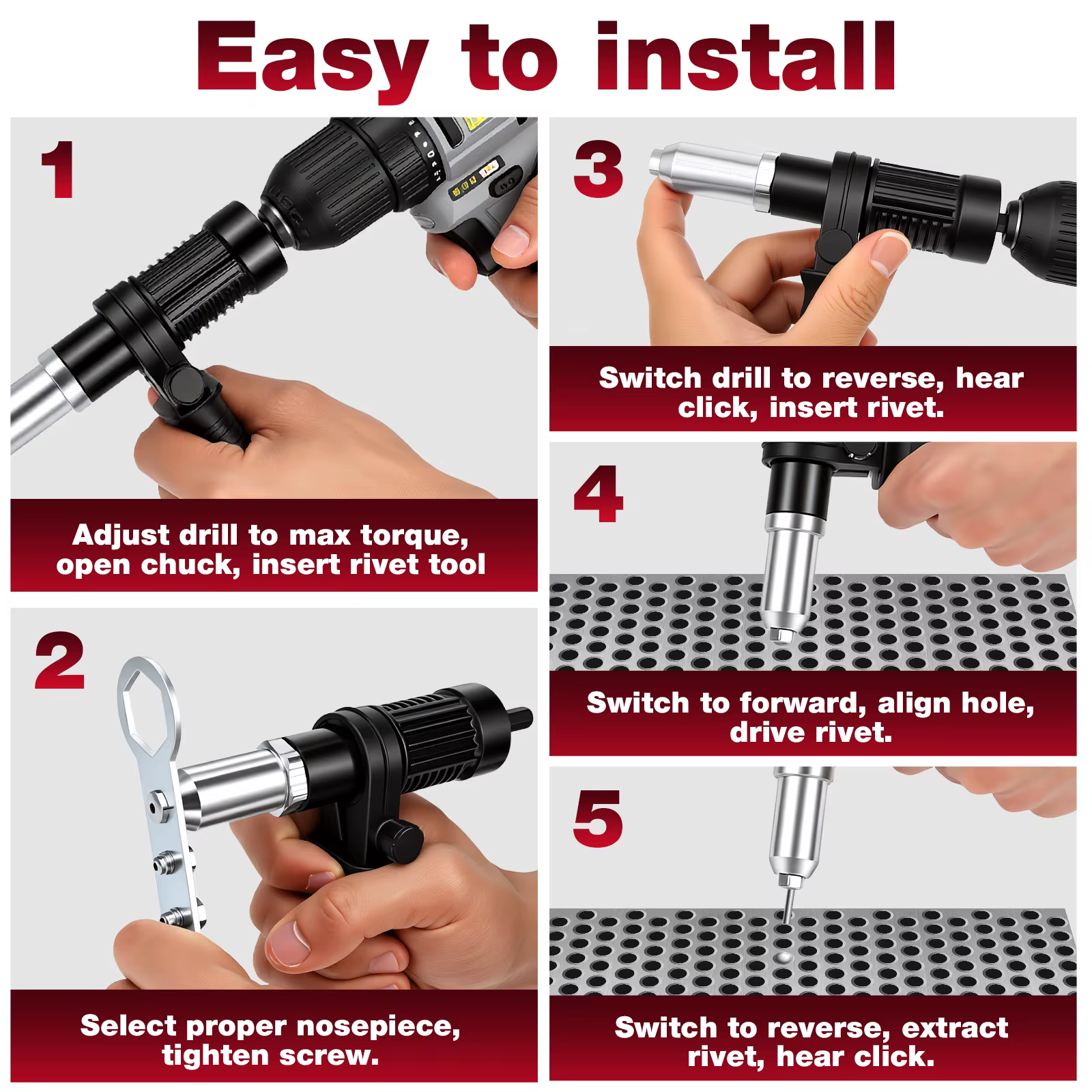Kit d'adaptation pour perceuse à rivets avec 4 têtes de rivets 2