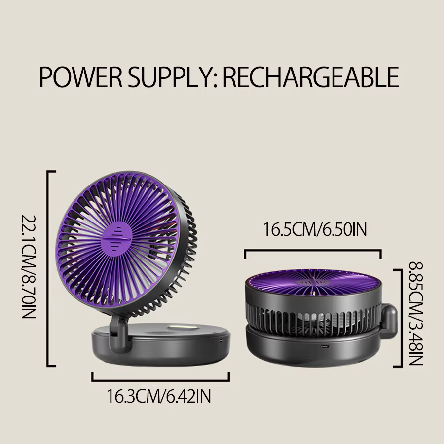 Nouveau ventilateur portable multifonctionnel rechargeable 3-en-1 2024, ventilateur mural 90 °   Ventilateur pliable 4 vitesses avec lumière nocturne chaude