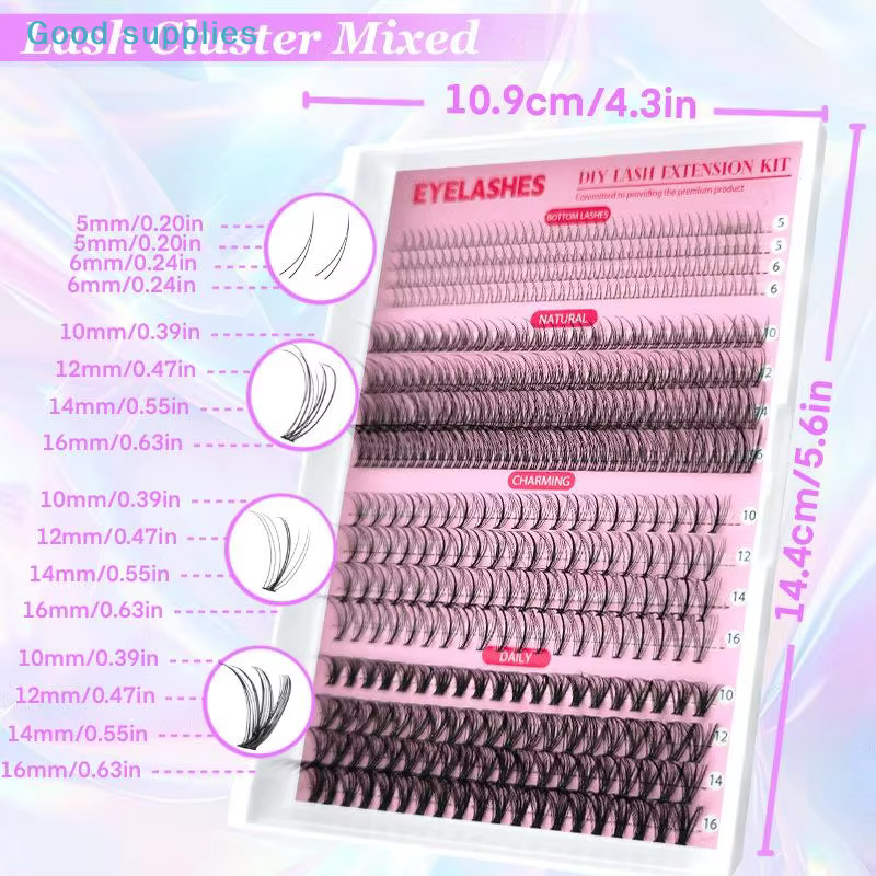 Kit d'extension de cils DIY - Clusters mixtes imperméables avec pinces à coller, cils épais, ensemble d'outils de maquillage pour extensions professionnelles