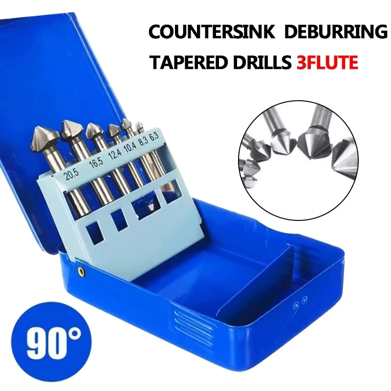 6 pièces 6.3-20.5mm chanfreinage fraise 3 cannelures tige ronde 90 degrés HSS fraise ébavurage foret conique