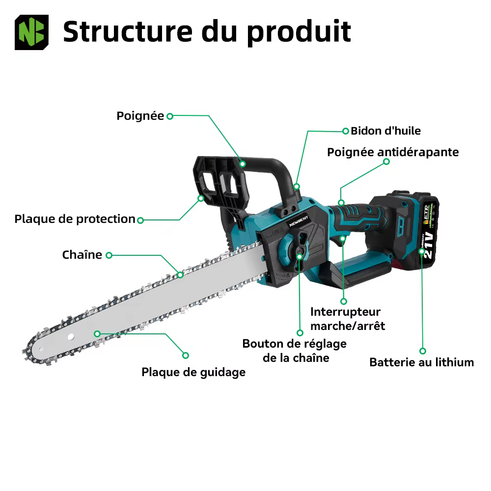 NEWBENY 12 pouces scie électrique sans brosse sans fil efficace jardin travail du bois outil