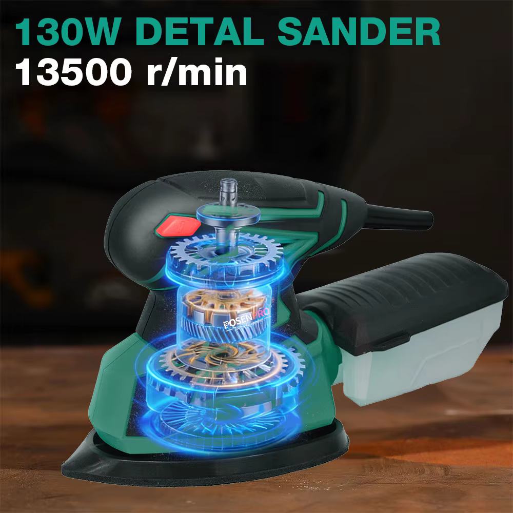 Ponceuse électrique multi-détails 130W avec port d'extraction de poussière et 12 feuilles de papier de ponçage pour la décoration intérieure et le traitement du mobilier