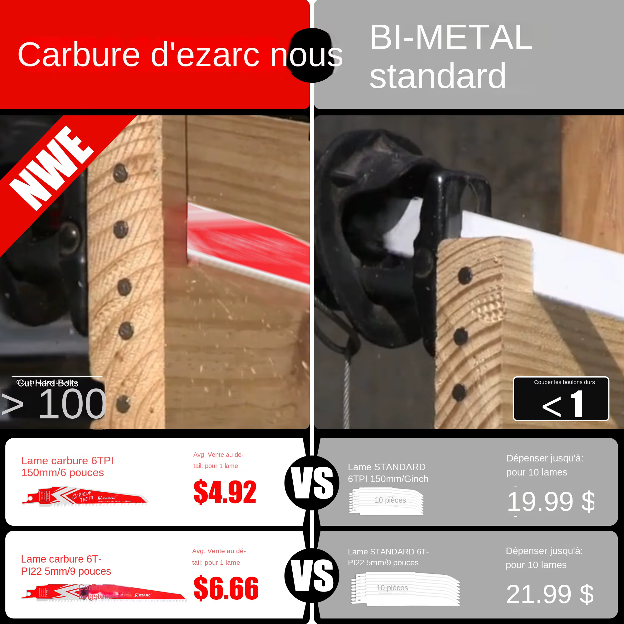 EZARC 3 pièces lame de scie alternative en carbure d'endurance pour la démolition du bois dur et du métal R656HM et R956