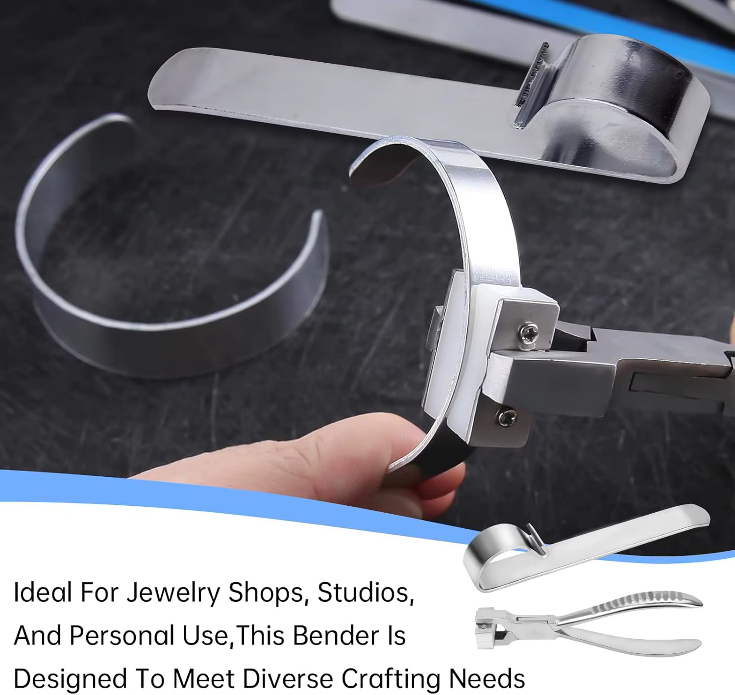 Kit d'outils professionnels pour plier les bracelets, comprenant une barre de pliage et des pinces pour la fabrication de bijoux, la création de bracelets et la formage des métaux.