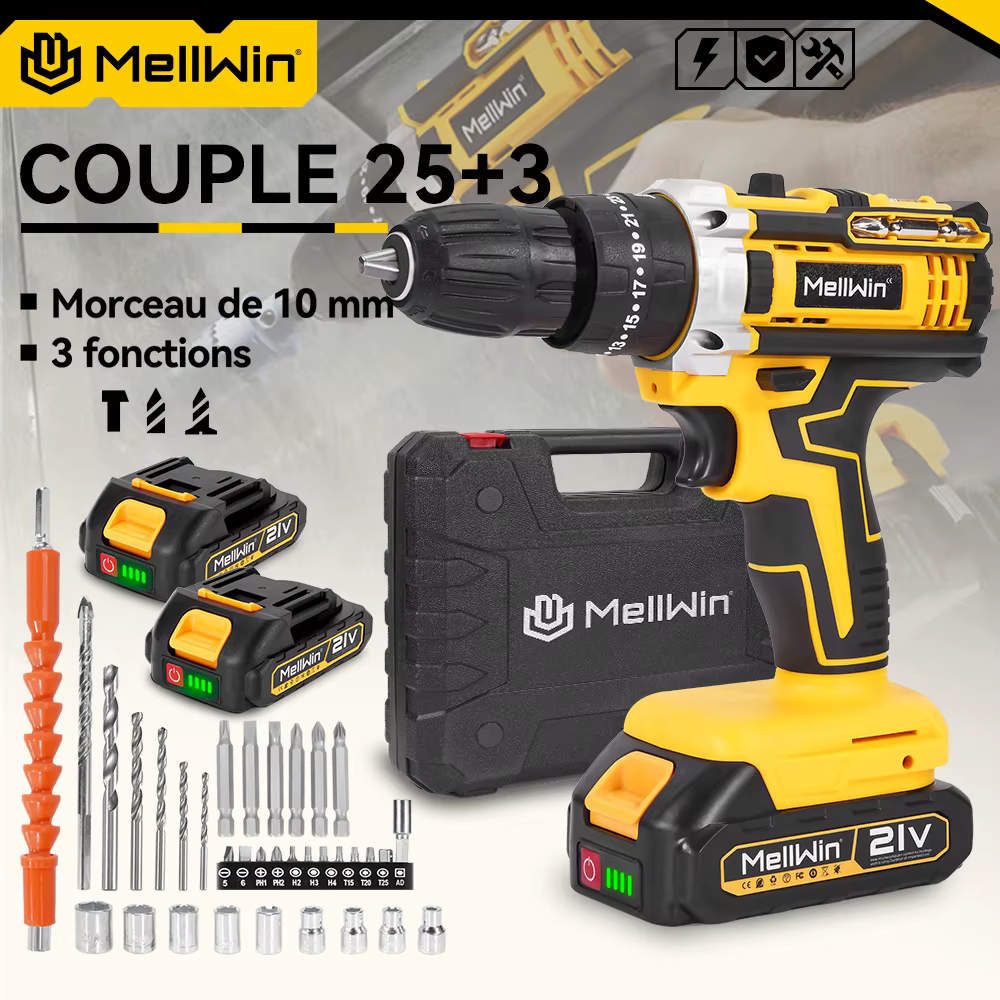 MELLWIN – perceuse à percussion électrique à couple 25 + 3