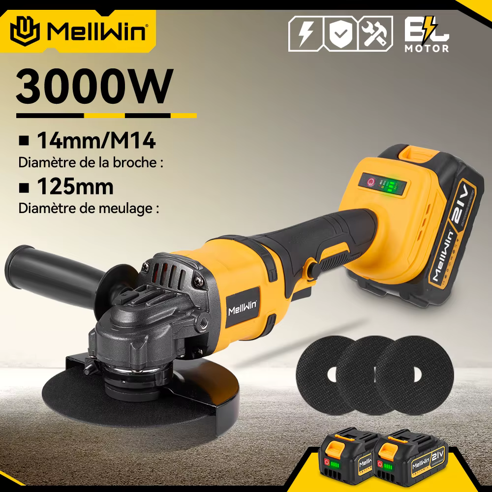 MELLWIN 125MM meuleuse d'angle électrique sans brosse M14 sans fil métal bois meulage polissage outil de coupe pour Makita 18VBattery broche