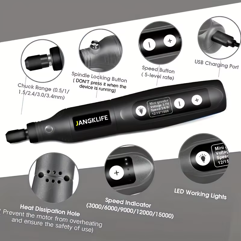 JANGKLIFE USB Kit d'outils rotatifs sans fil stylo de gravure sur bois bricolage pour bijoux métal verre Mini perceuse sans fil