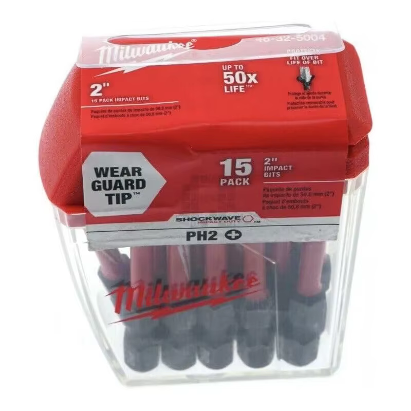 Embouts d'impact Milwaukee PH2 2" (50 mm) – Lot de 15 – Shock Wave 50X LIFE avec boîte en plastique transparente – 48-32-5004
