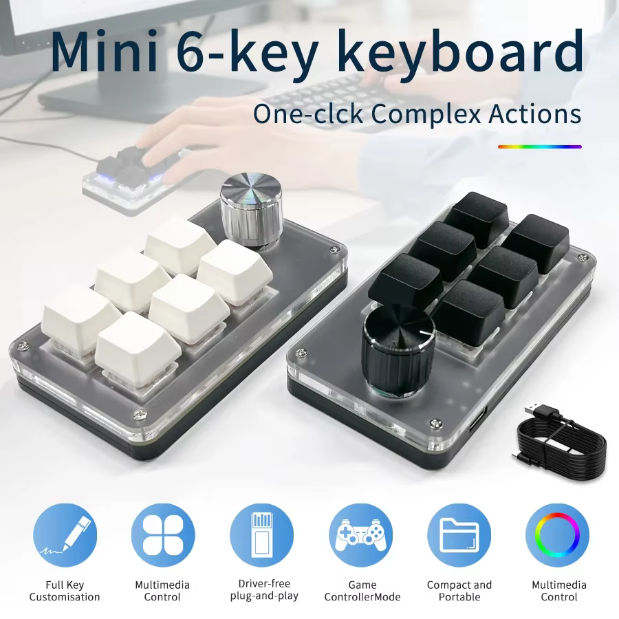 Clavier mécanique USB filaire RGB 6 touches 1 bouton rotatif, clavier de jeu programmable personnalisé, mini clavier pour Photoshop