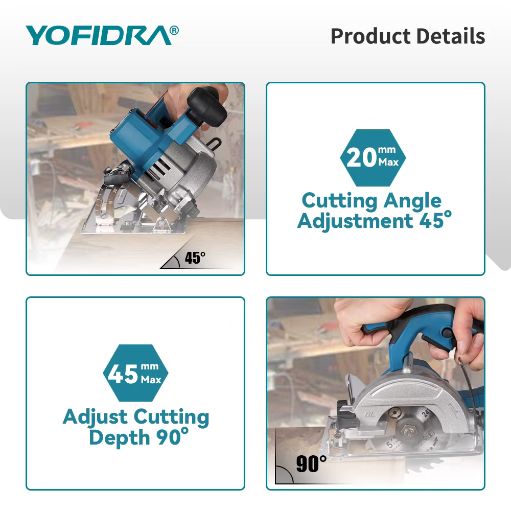 YOFIDRA 5 pouces 10800 tr/min scie circulaire électrique sans brosse sans fil 45 ° Outil