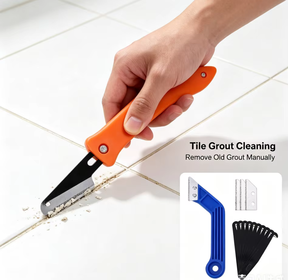 Kit de 22 outils de déjointage, comprenant une scie à joint manuelle, une brosse de nettoyage pour joints de carreaux en céramique et un outil de finition des joints pour sols et cuisines