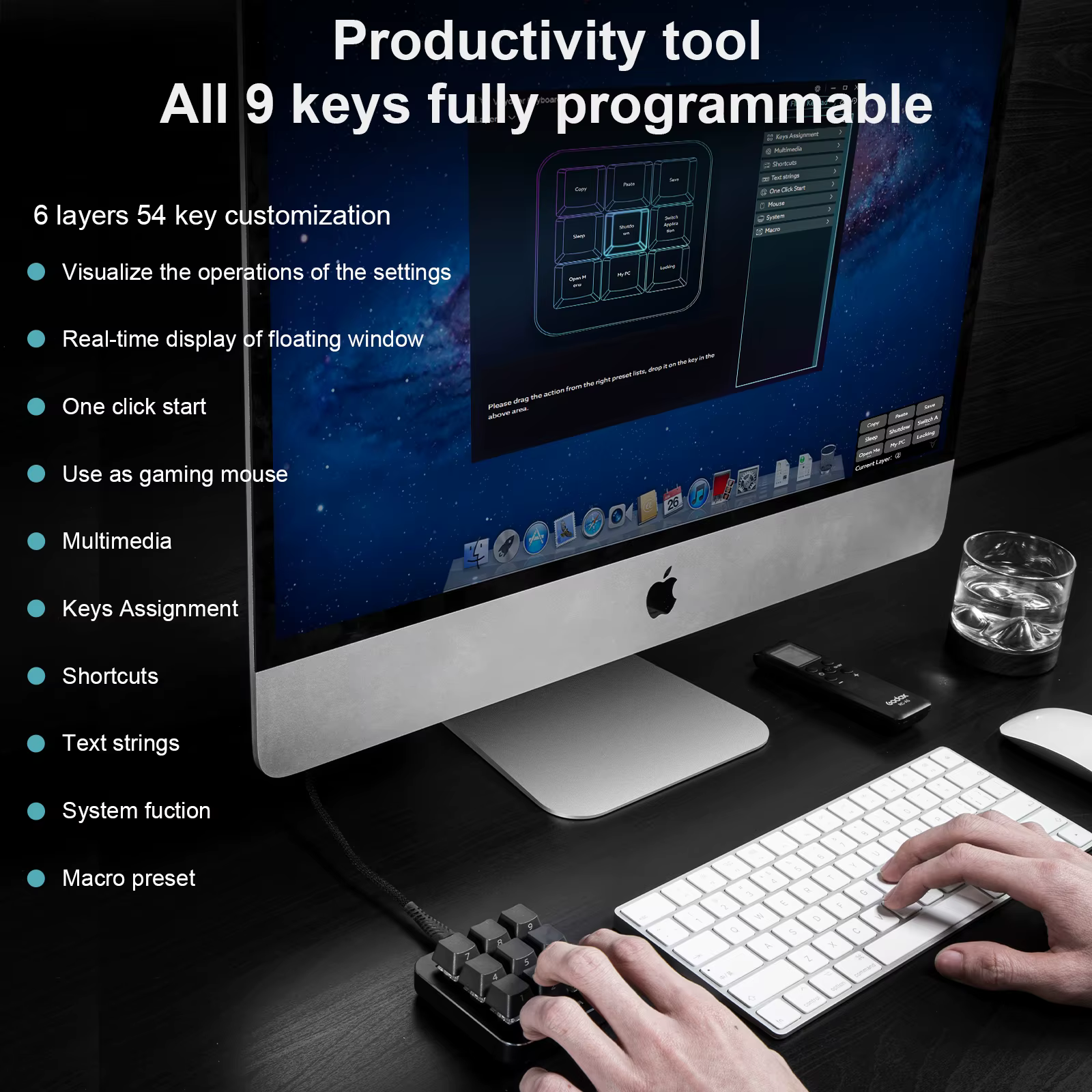 Clavier multifonctionnel avec 9 touches entièrement programmables, réglage Macro pour la conception graphique Edite et les jeux, écran OSU/stylo pour tablette