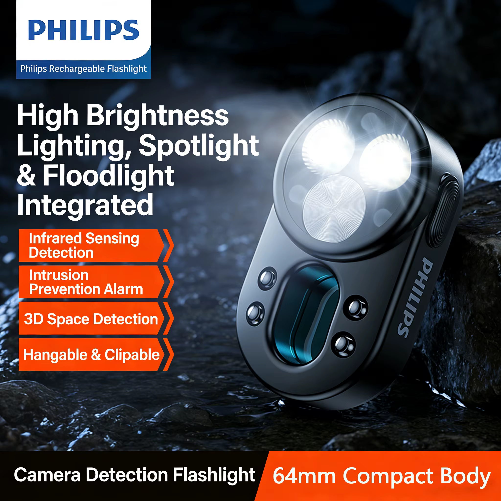Lampe torche compacte multifonctionnelle Philips SFL1551 avec accroche pour sac à dos et clip de poche, idéale pour la lecture en extérieur