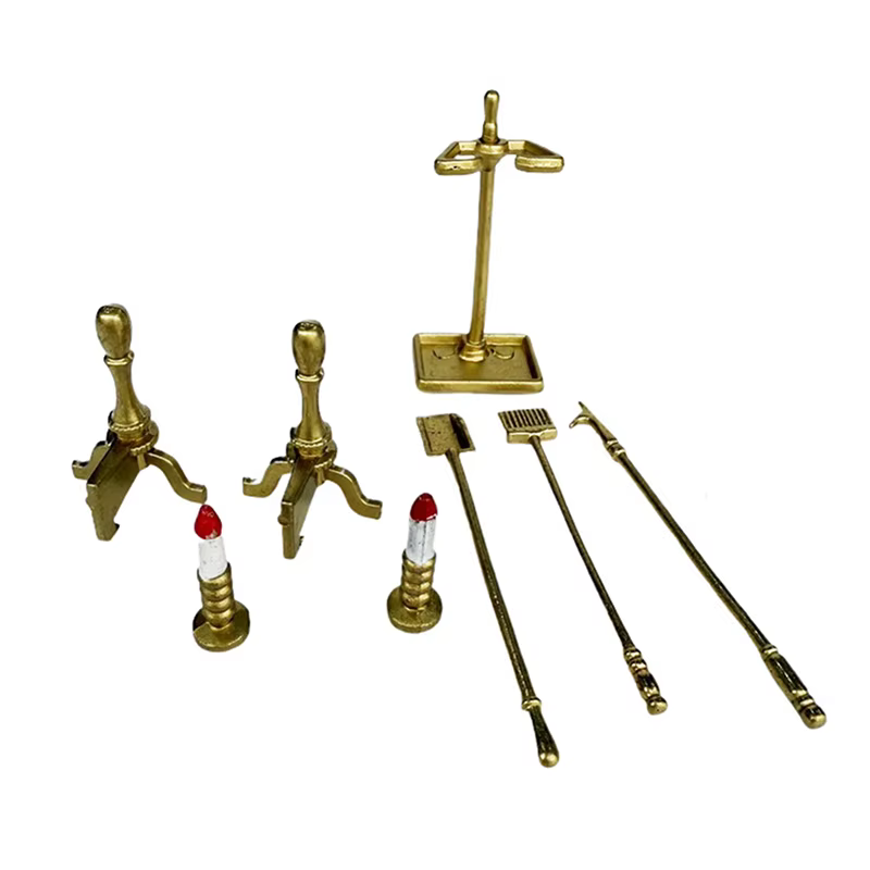 Pelle, bougeoir, support : mini ensemble d'outils de cheminée de 8 pièces pour exposition de maison de poupée