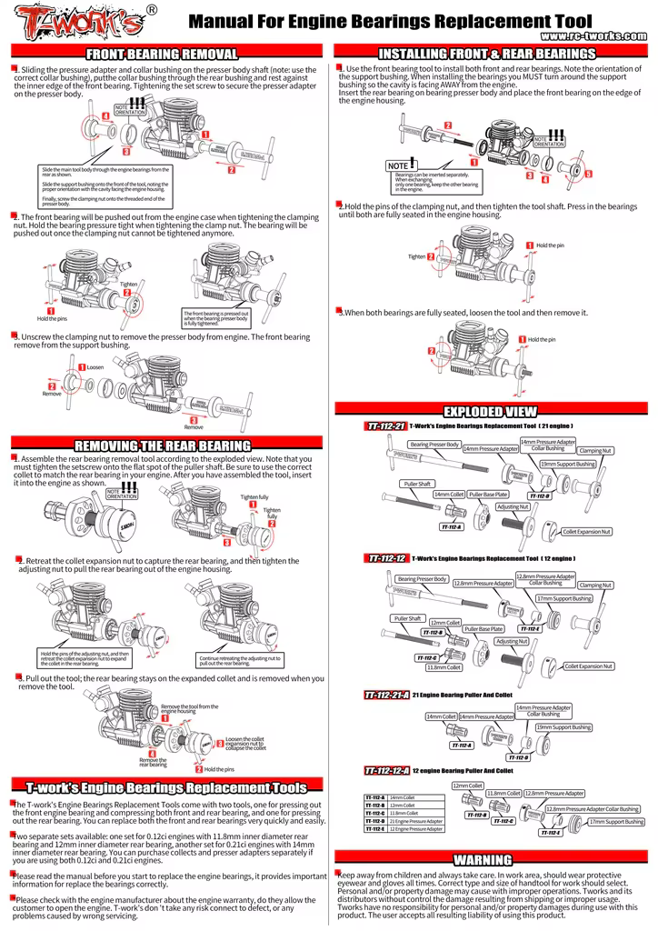 Outil de remplacement de moteur d'origine T works TT-112-21, pour moteur Rc.21