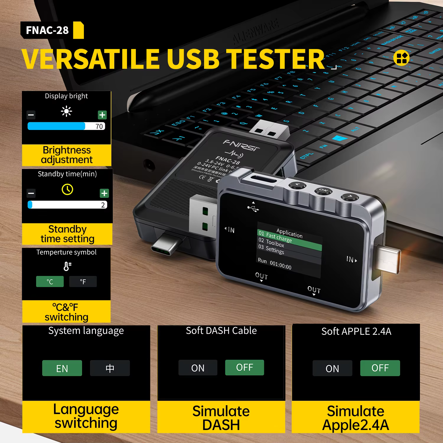 FNIRSI FNAC-28 testeur USB type-c 2-en-1 voltmètre numérique ampèremètre