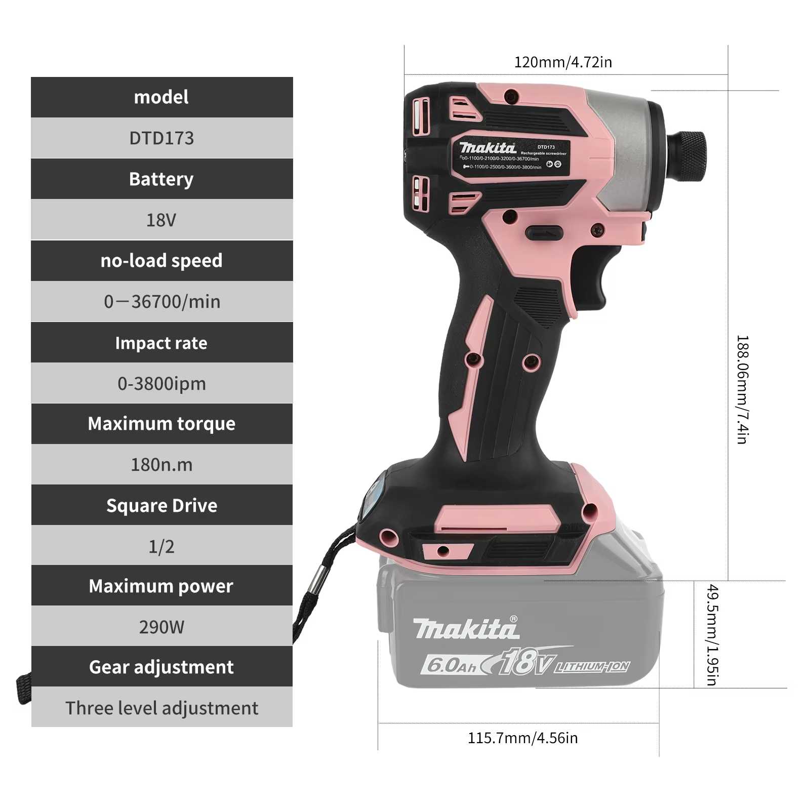 Perceuse sans fil Makita 18V DTD173 rose