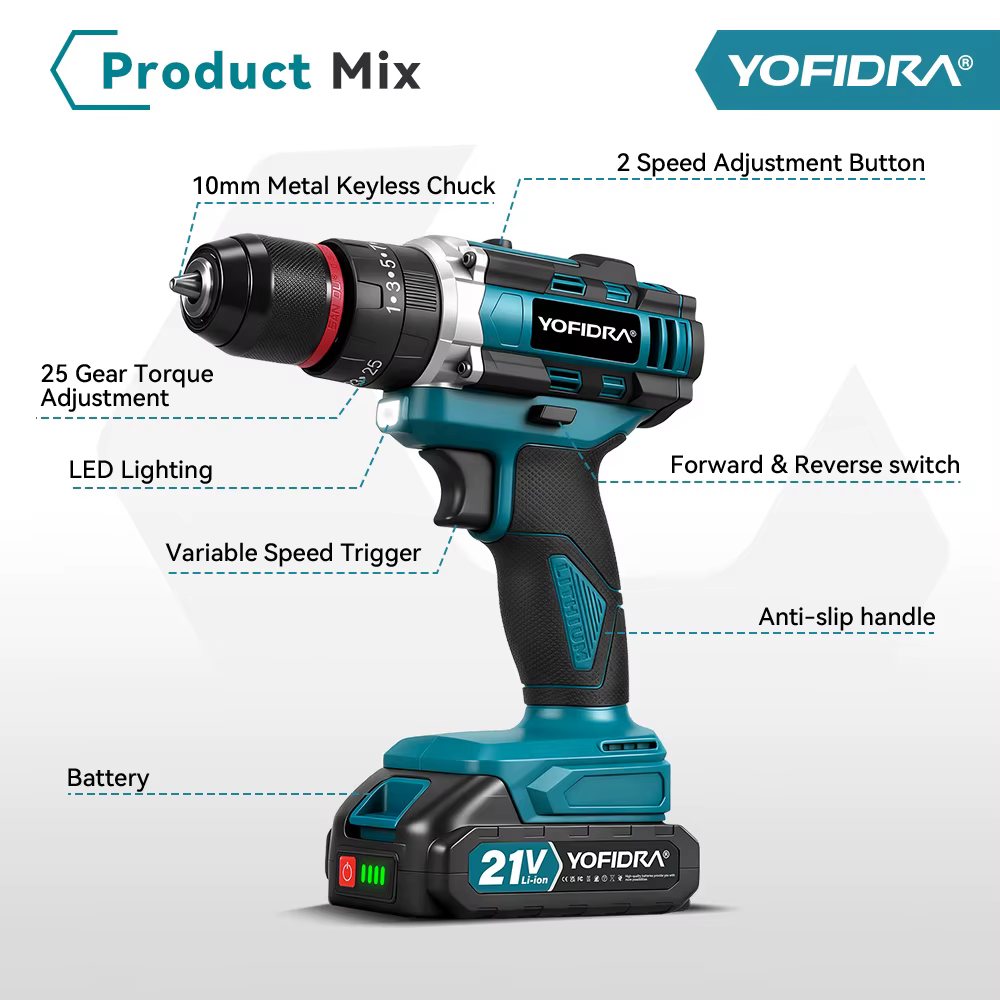 YOFIDRA 25 + 3 couple perceuse à percussion électrique portable 3IN1