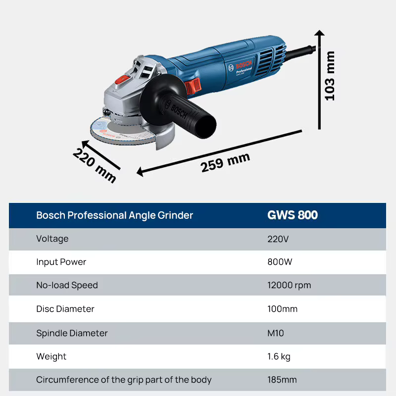 Meuleuse d'angle BOSCH GWS 800 | 800W 12000RPM | Disque de 100 mm | Pour la découpe et le meulage du métal/du pierre