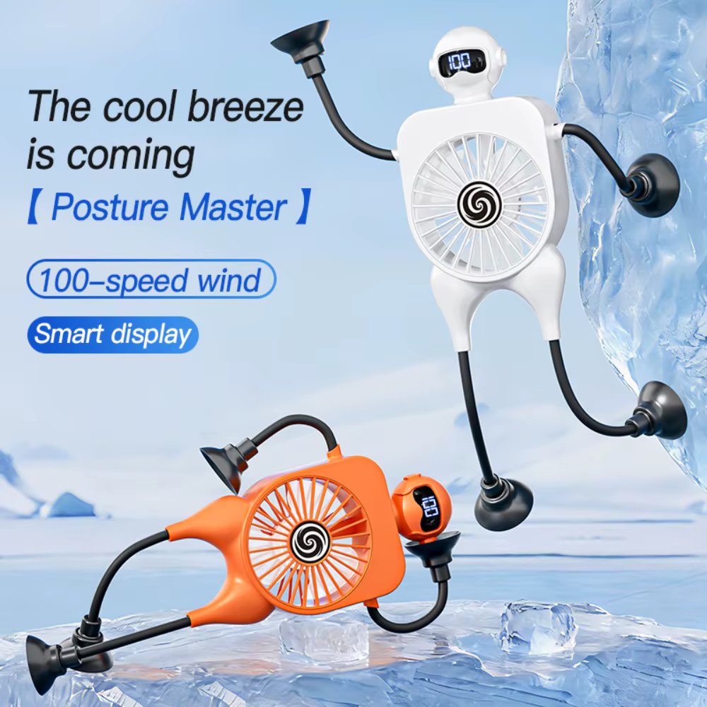 Ventilateur de bureau portable robotisé avec ventouse fixe, réglage 100 vitesses, affichage LED, chargement USB, ventilateur de refroidissement multifonctionnel, cadeaux