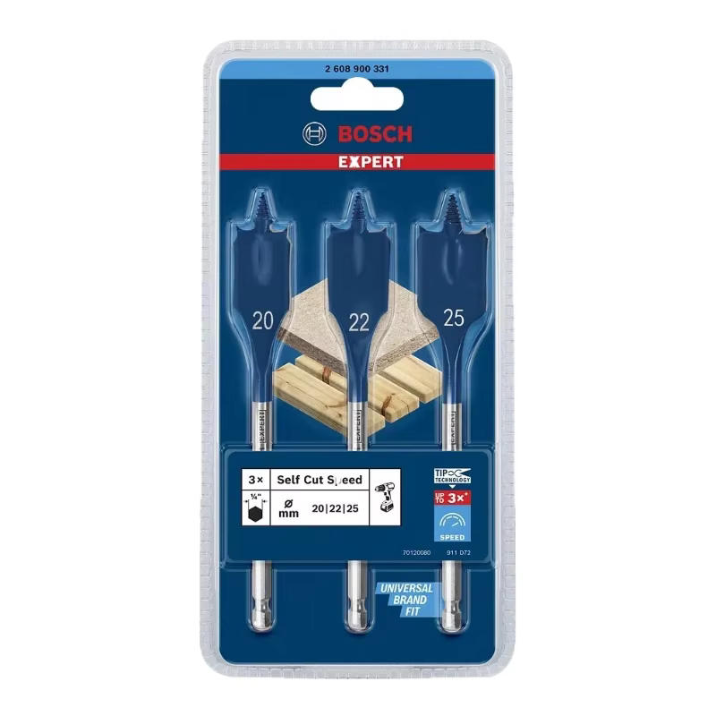 BOSCH EXPERT 2608900331 Jeu de 3 forets auto-évasés Speed Spade pour perçage rapide et brut du bois tendre
