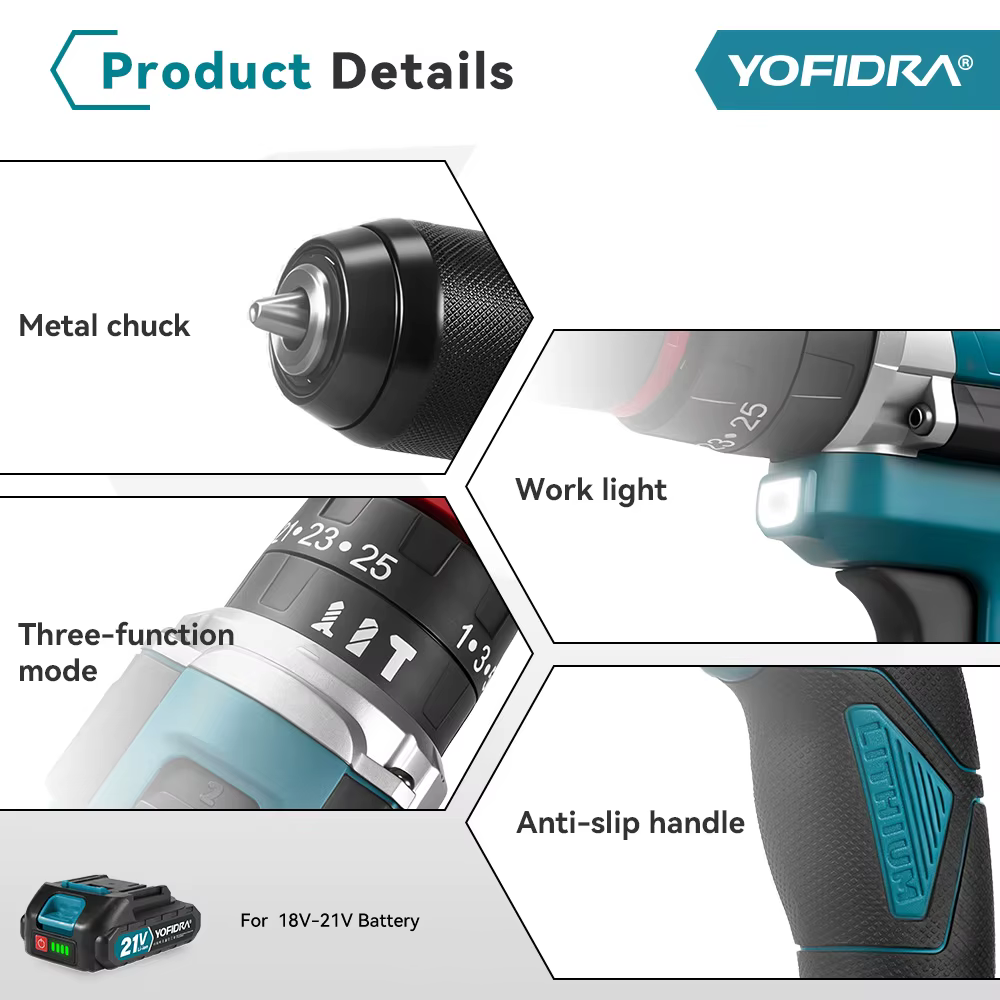 YOFIDRA 25 + 3 couple perceuse à percussion électrique portable 3IN1