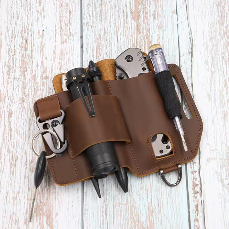 Support de gaine multi-outils en cuir pour hommes, étui à outils d'extérieur, lampe de poche, poche à couteau pliant