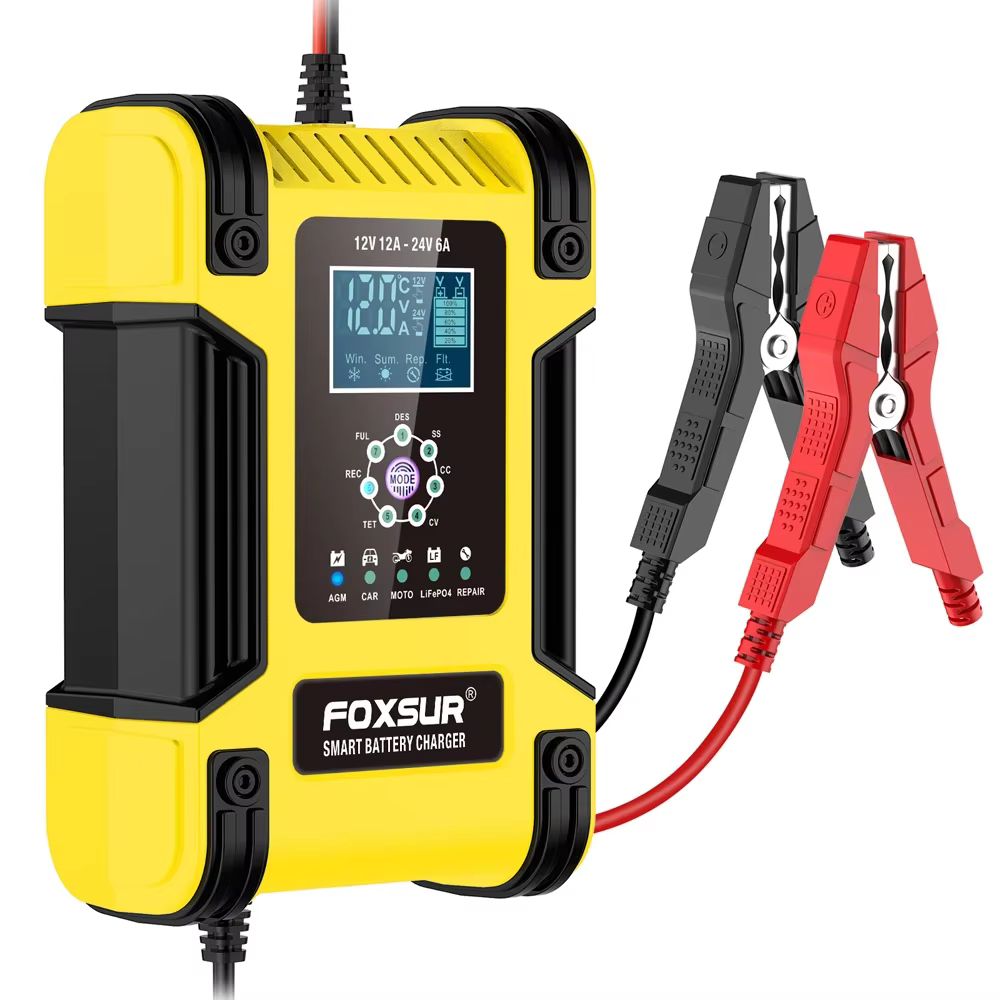 Chargeur de batterie de voiture entièrement automatique Foxsur 12V 12A avec affichage numérique
