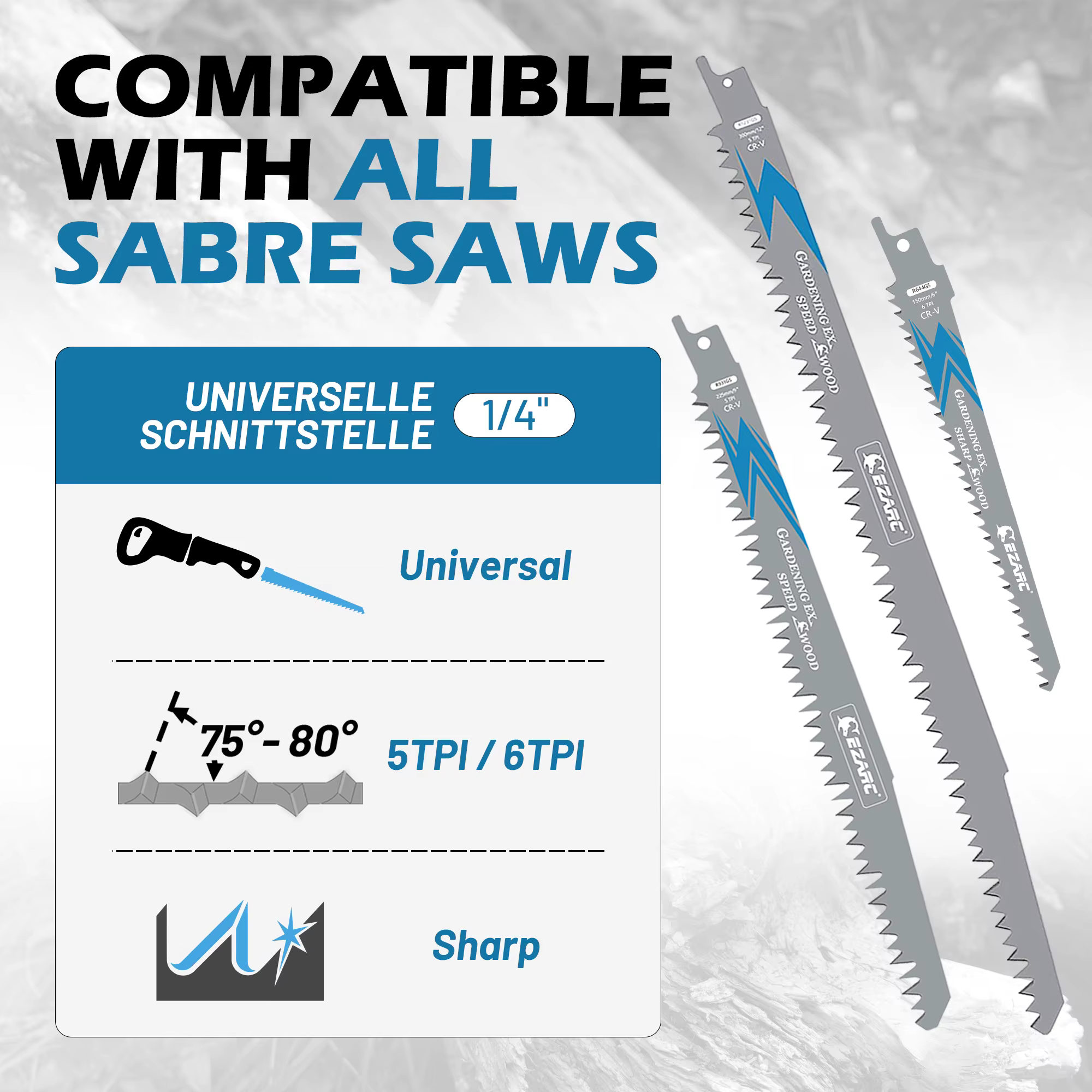 EZARC Lot de 5 lames de scie sabre pour élagage du bois 150/225/300mm