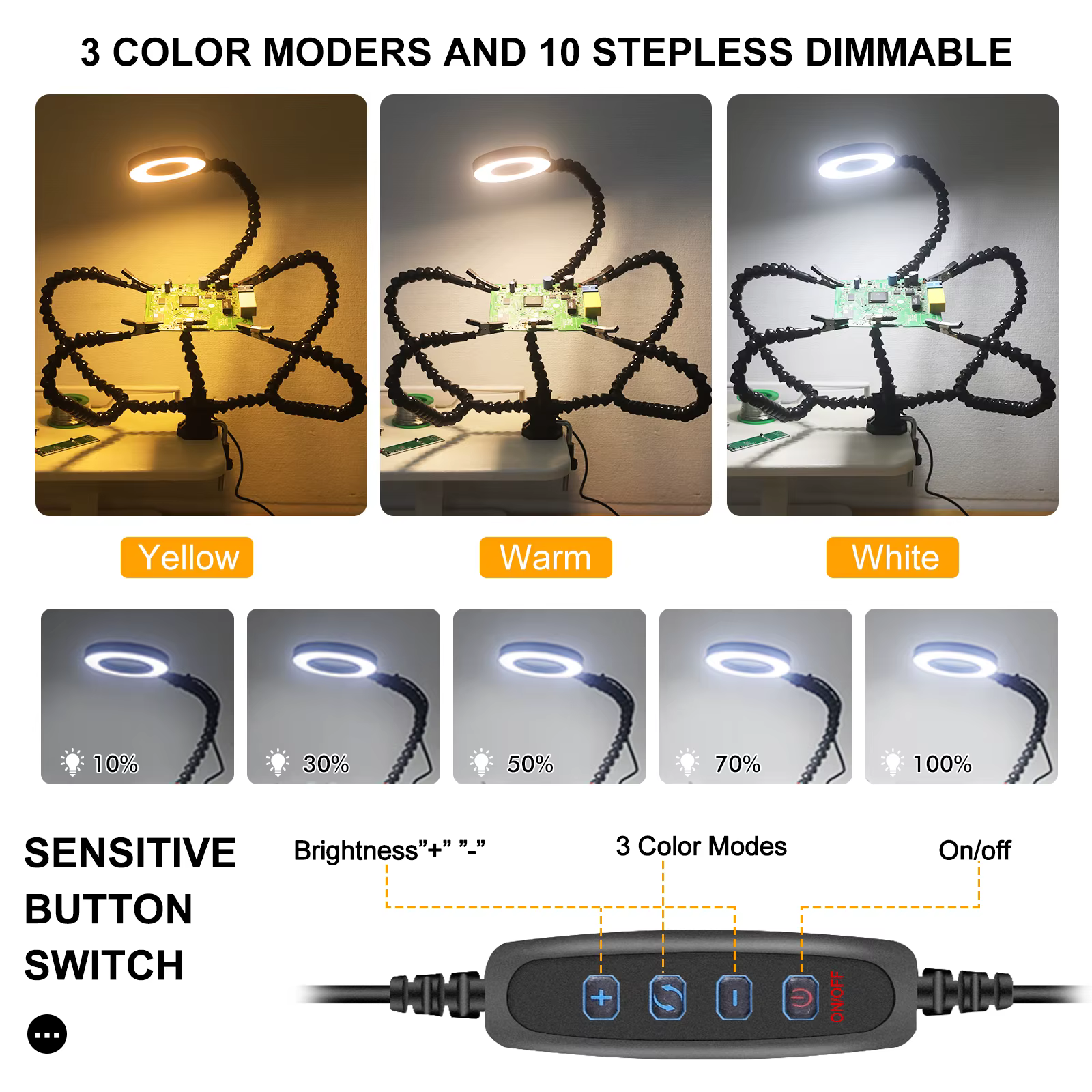 Toolour aider les mains à souder outils de troisième main 5 bras flexibles avec pince de Table réglable loupe LED 3X outil de support de carte PCB