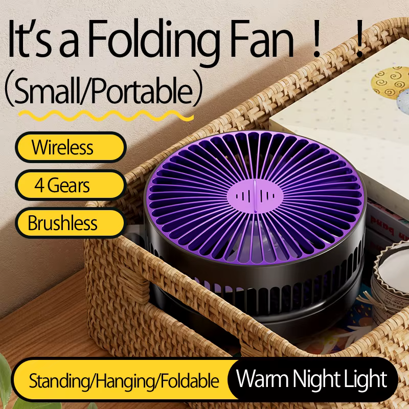 Nouveau ventilateur portable multifonctionnel rechargeable 3-en-1 2024, ventilateur mural 90 °   Ventilateur pliable 4 vitesses avec lumière nocturne chaude