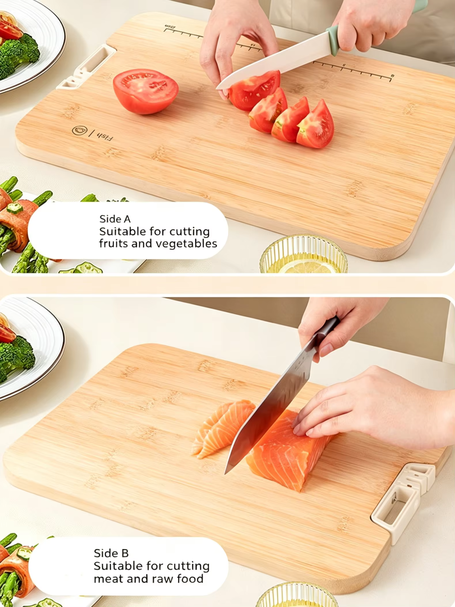 Planche à découper en bambou avec aiguiseur et échelle, double face, autoportante, antibactérienne, antidérapante, facile à nettoyer, plateau de cuisine