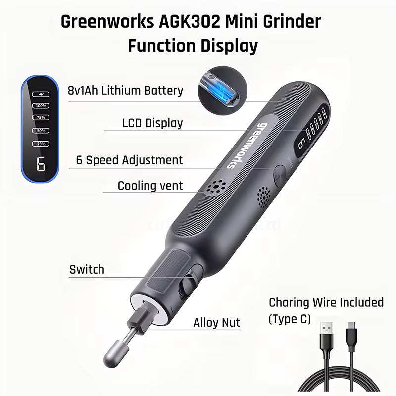 Mini-meuleuse sans fil Greenworks 8V 80W 52 pièces