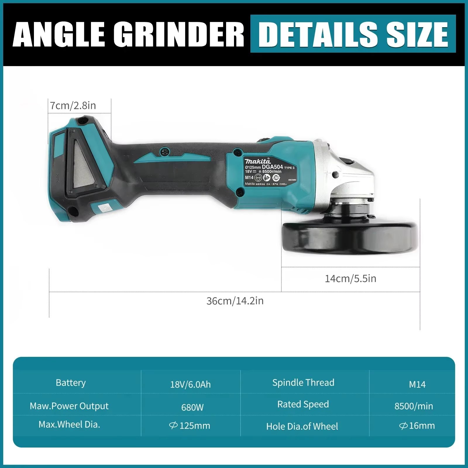 Batterie au lithium sans balais Makita DGA504 18V 6.0Ah 125mm avec plusieurs meuleuses électriques