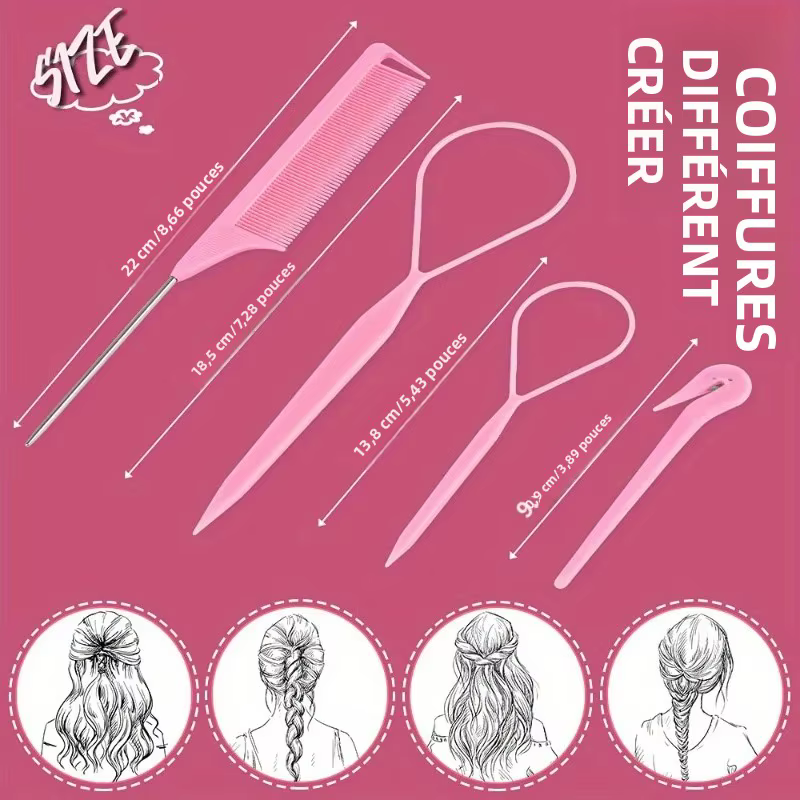 Ensemble d'outils pour boucles de cheveux, 2 pièces, tresse française, peigne à queue de Rat, 1 pièce, bandes élastiques en caoutchouc, dissolvant de coupe, 4/5 pièces/ensemble