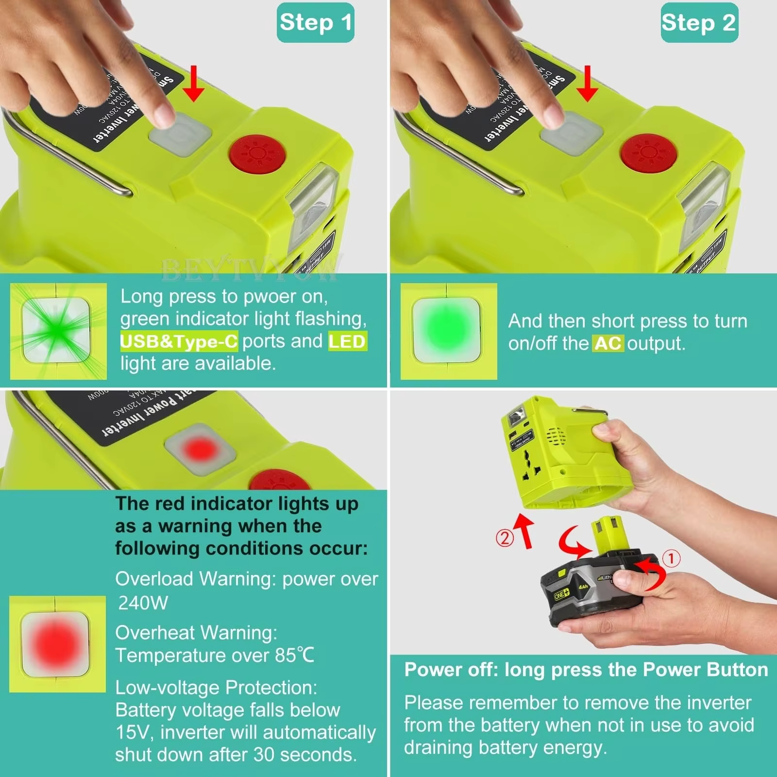 Onduleur d'alimentation pour Ryobi One 18V Batterie 200W DC 18V à AC 110V / 230V Convertisseur d'onde