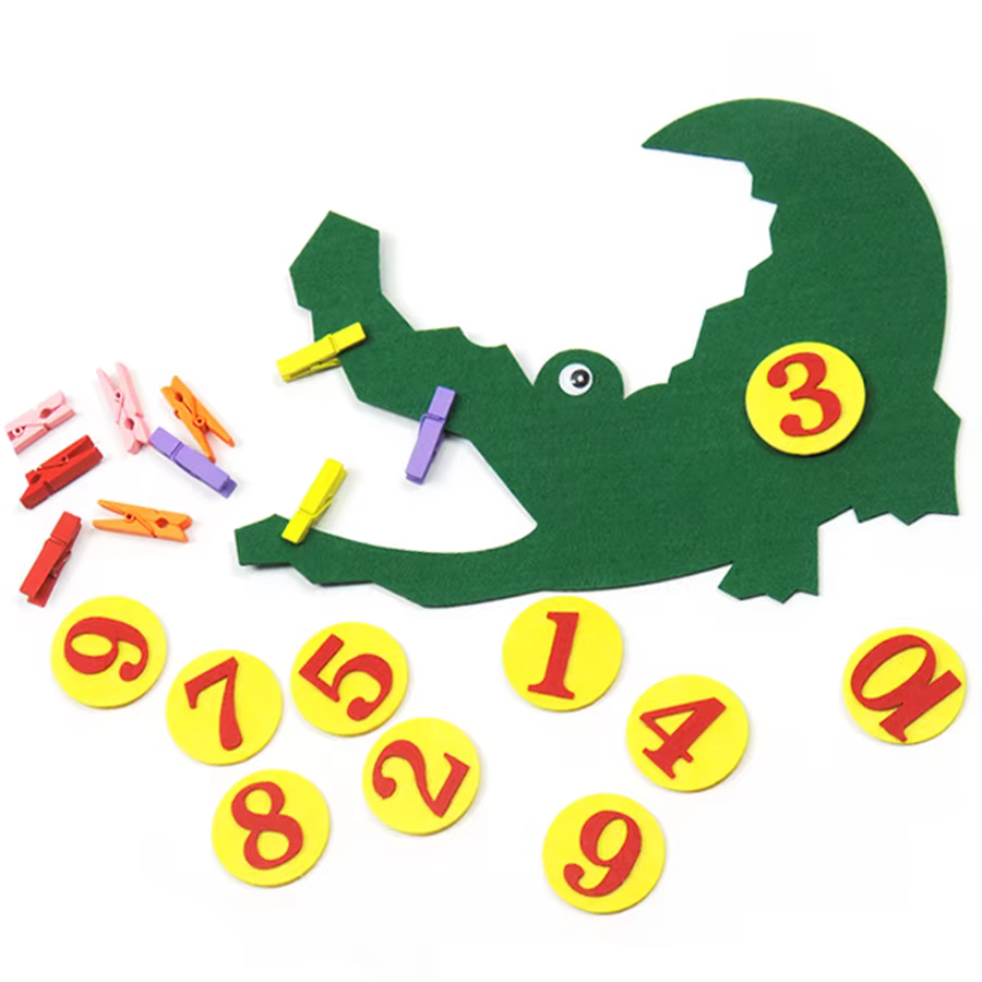 1-10 Crocodile numérique en feutre à pinces, outils pédagogiques de mathématiques pour l'école, pour l'apprentissage des nombres et de la cognition, à assembler librement