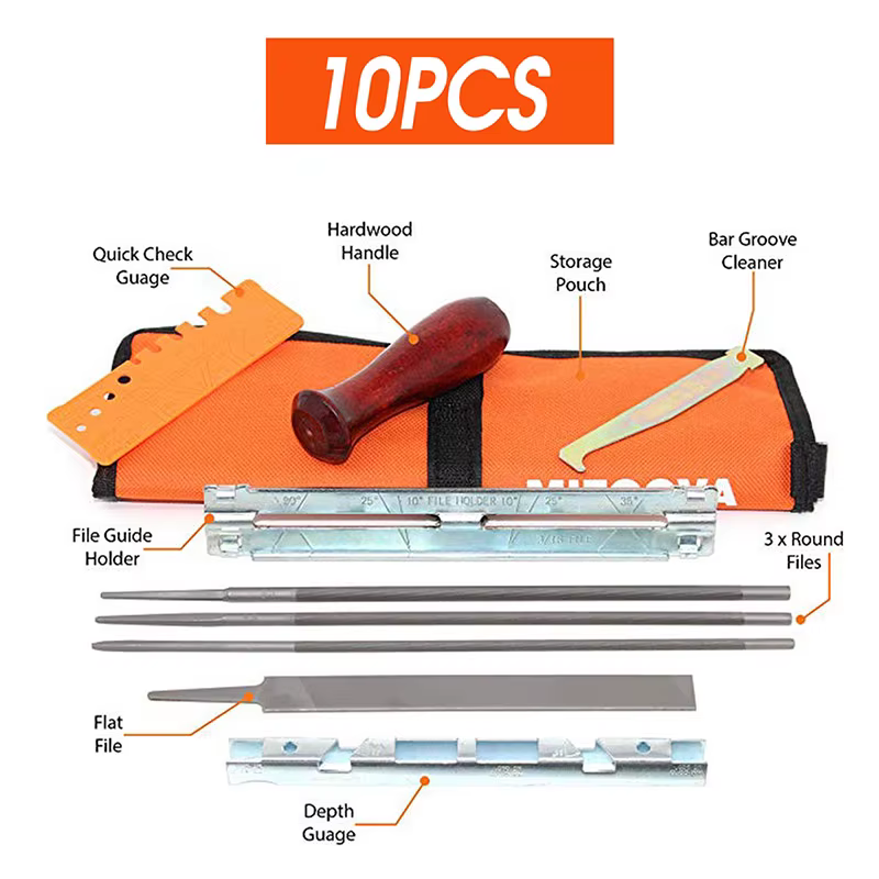 Kit d'affûtage de scie à chaîne professionnelle, ensemble d'outils, manche en bois dur, barre de guidage de fichiers ronde/plate, outils d'affûtage de fichiers 10-12 pièces