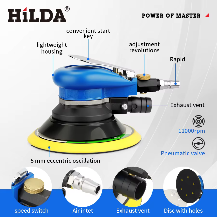 HILDA Ponceuse orbitale pneumatique prête à la poussière 150 mm
