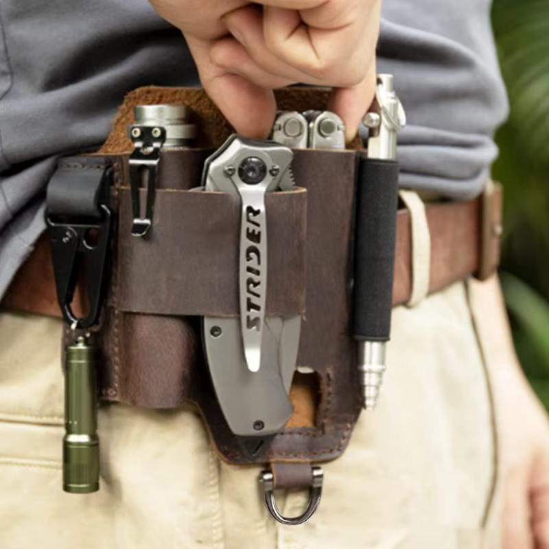 Support de gaine multi-outils en cuir pour hommes, étui à outils d'extérieur, lampe de poche, poche à couteau pliant