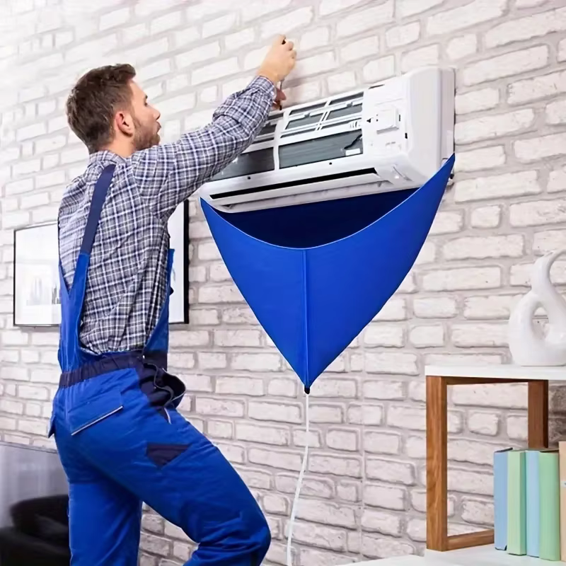 Kit de nettoyage de climatiseur mural : housse anti-poussière, sac d'eau et outils - Protege les murs et les meubles