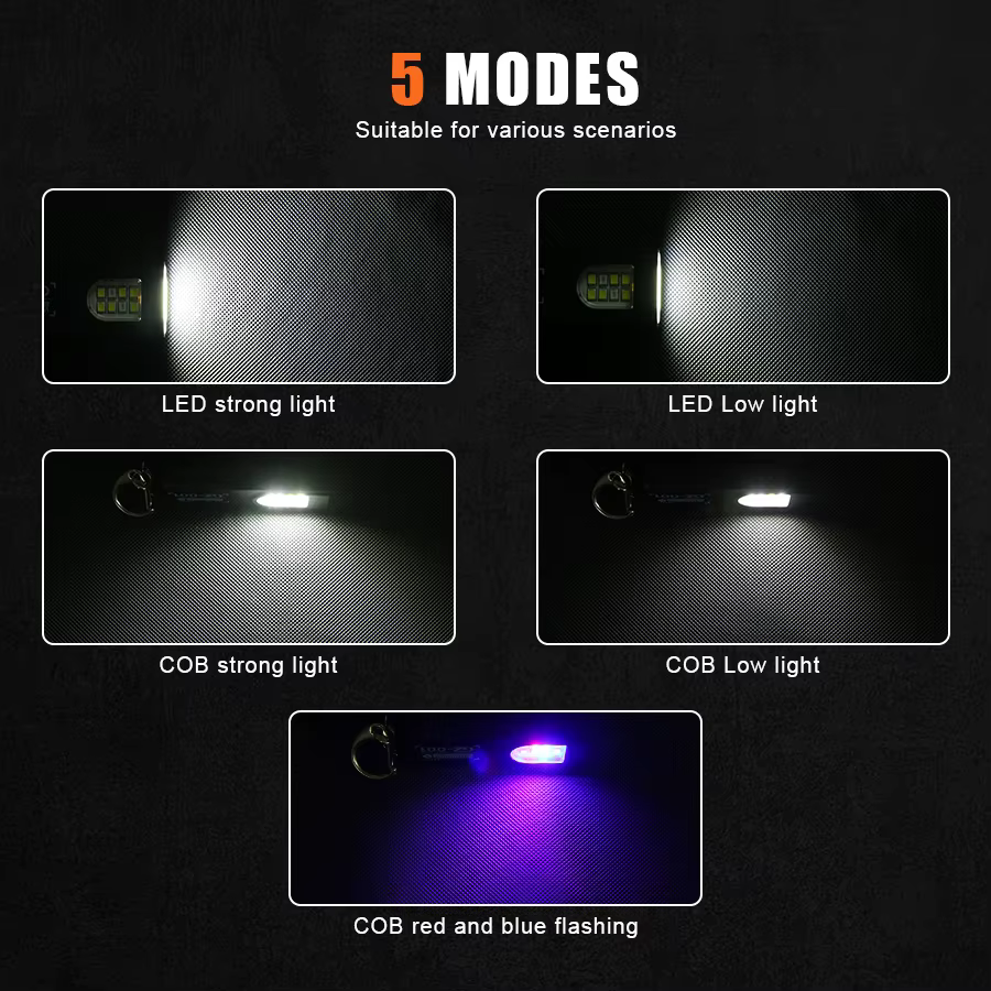 Porte-clés multifonctionnel avec lampe torche rechargeable par USB, mini lampe torche avec lumière de travail COB, porte-clés, lampe de poche pour le camping, la marche