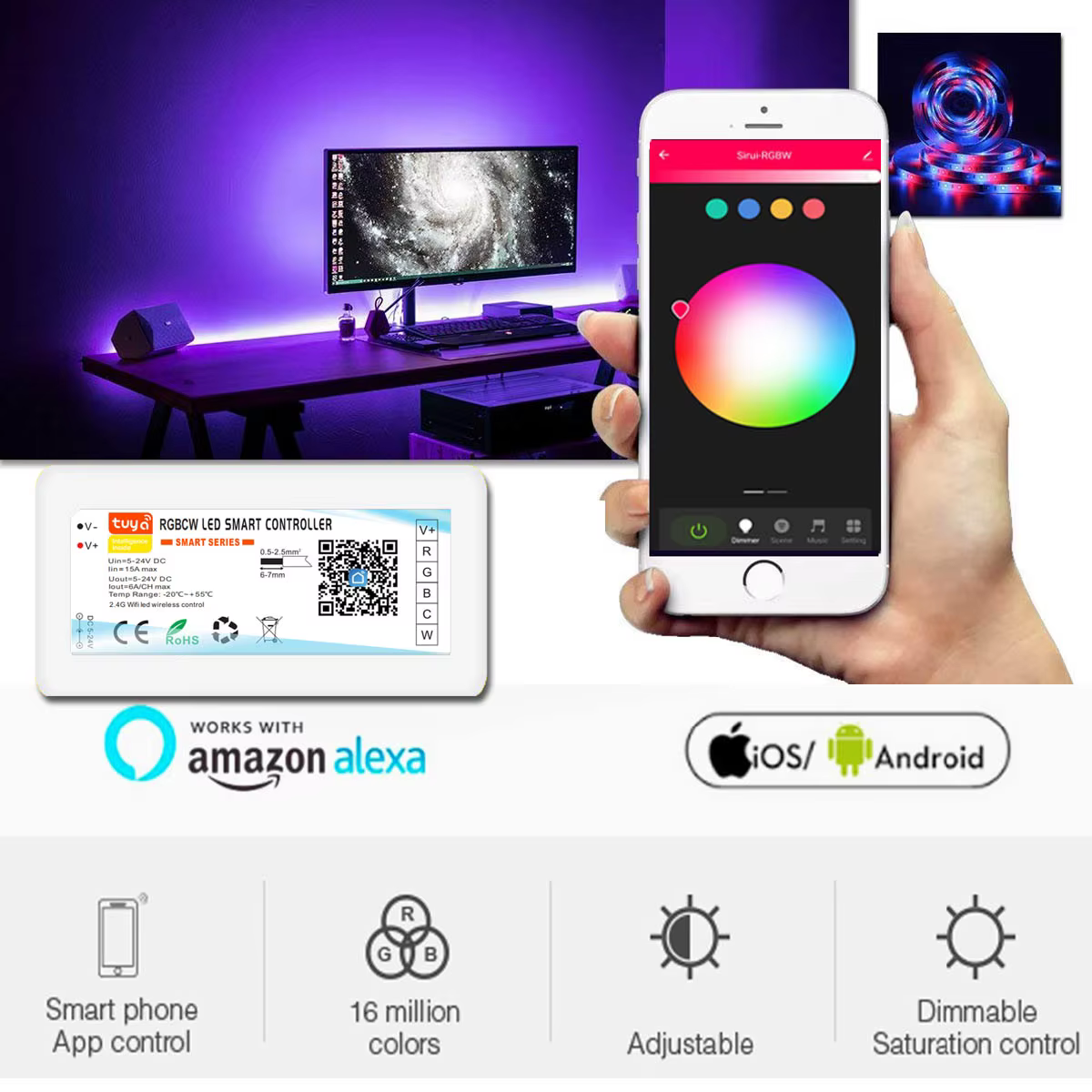 24V Tuya Wifi contrôleur LED sans fil prise en charge de l'application Android iOs Alexa Google commande vocale pour