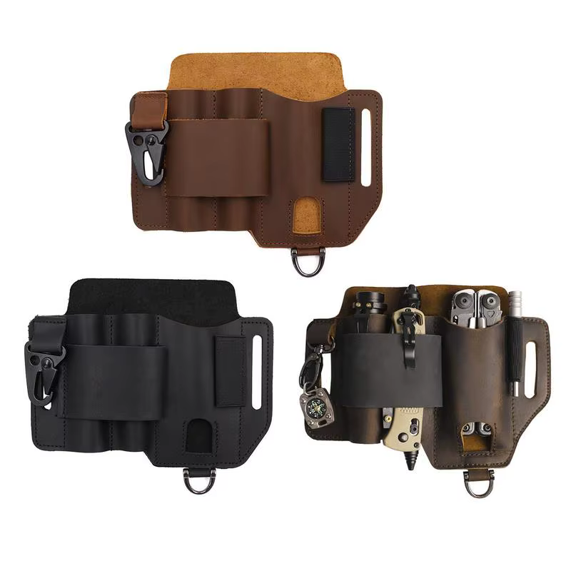 Support de gaine multi-outils en cuir pour hommes, étui à outils d'extérieur, lampe de poche, poche à couteau pliant