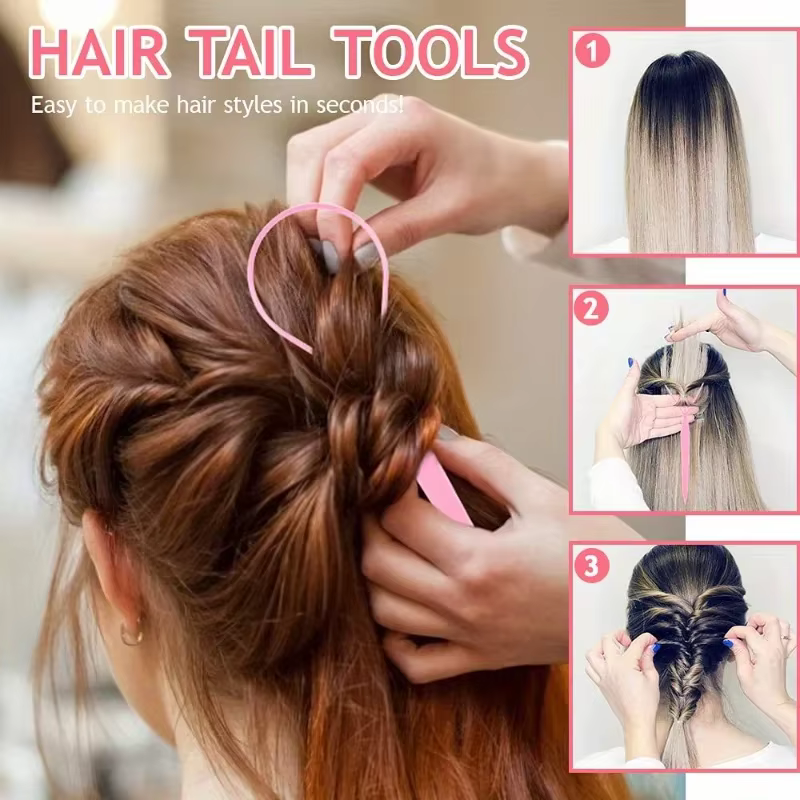 Kit d'outils pour cheveux 4 pièces/ensemble : 2 outils à boucles pour tresses françaises, 1 peigne à queue de rat, 1 coupe-élastiques