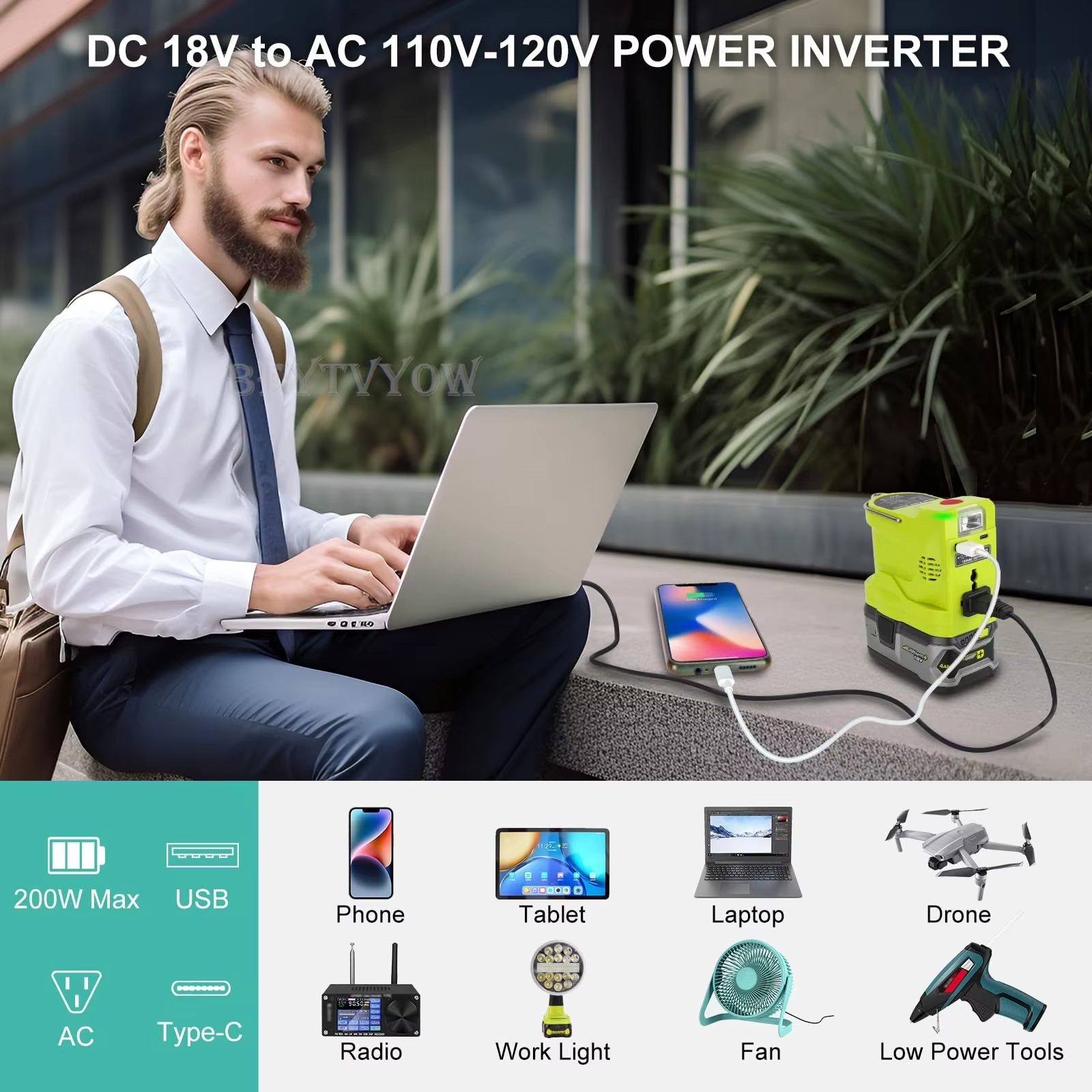 Onduleur d'alimentation pour Ryobi One 18V Batterie 200W DC 18V à AC 110V / 230V Convertisseur d'onde