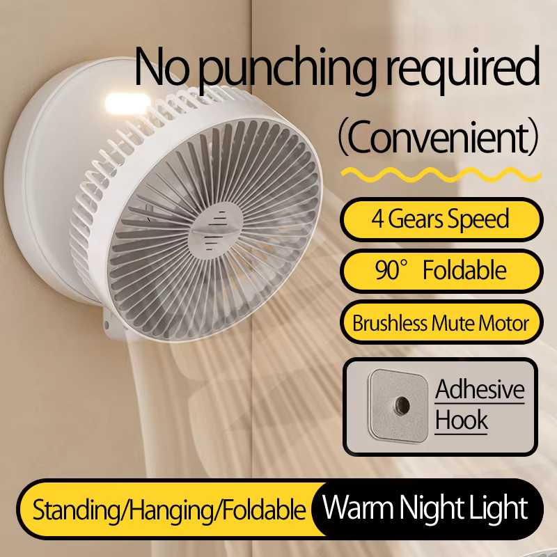 Nouveau ventilateur portable multifonctionnel rechargeable 3-en-1 2024, ventilateur mural 90 °   Ventilateur pliable 4 vitesses avec lumière nocturne chaude
